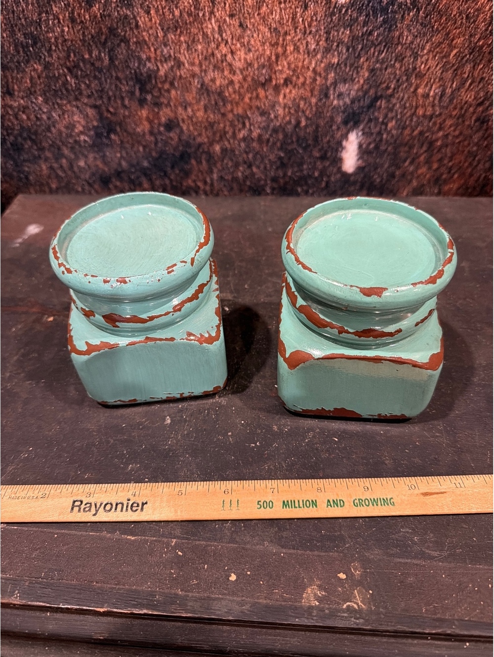 Pair of Vintage Distressed Turquoise Wood Candle Holders